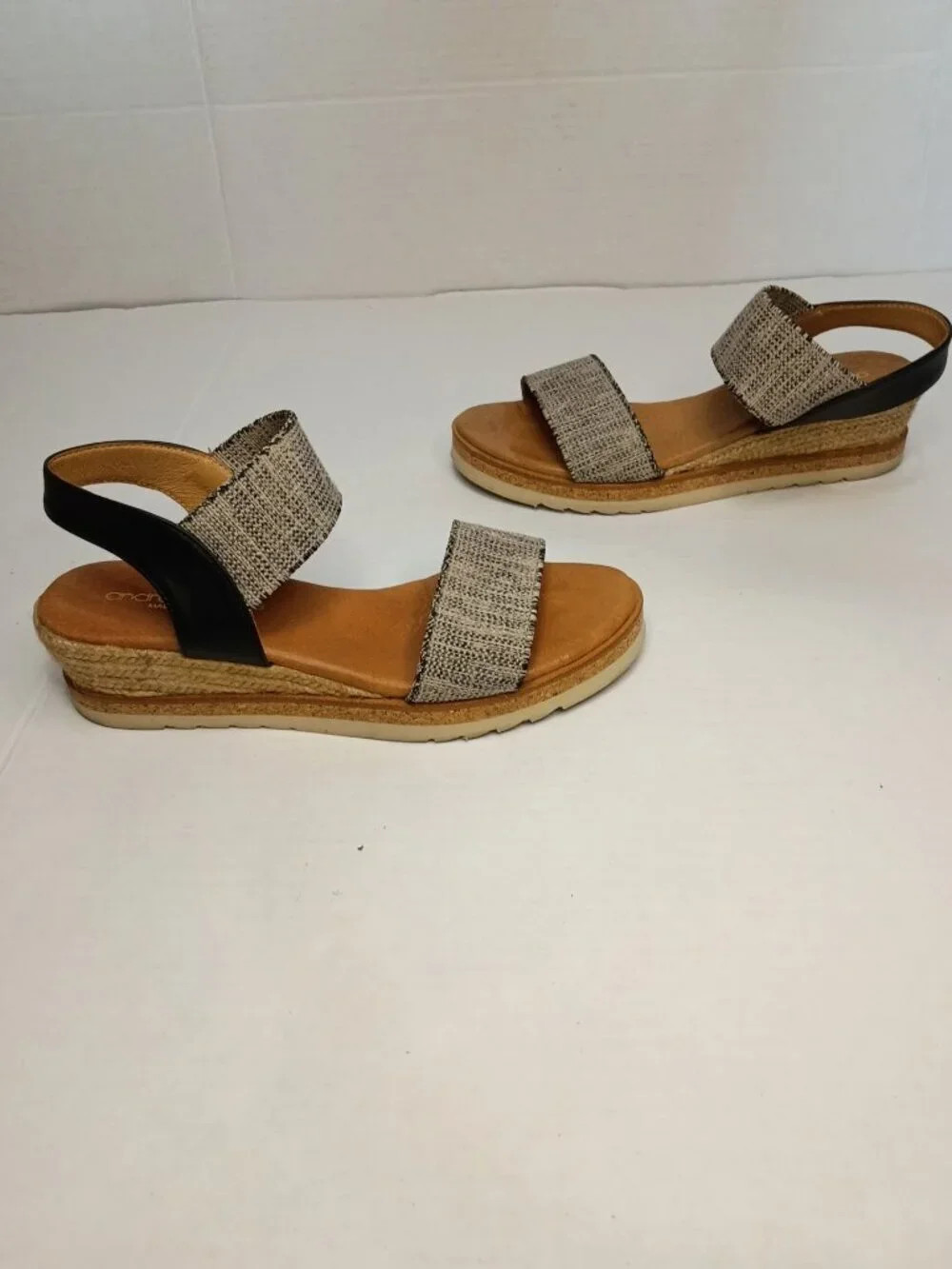 Andre Assous Neveah Black Linen Espadrille Wedge Sandals Size 6